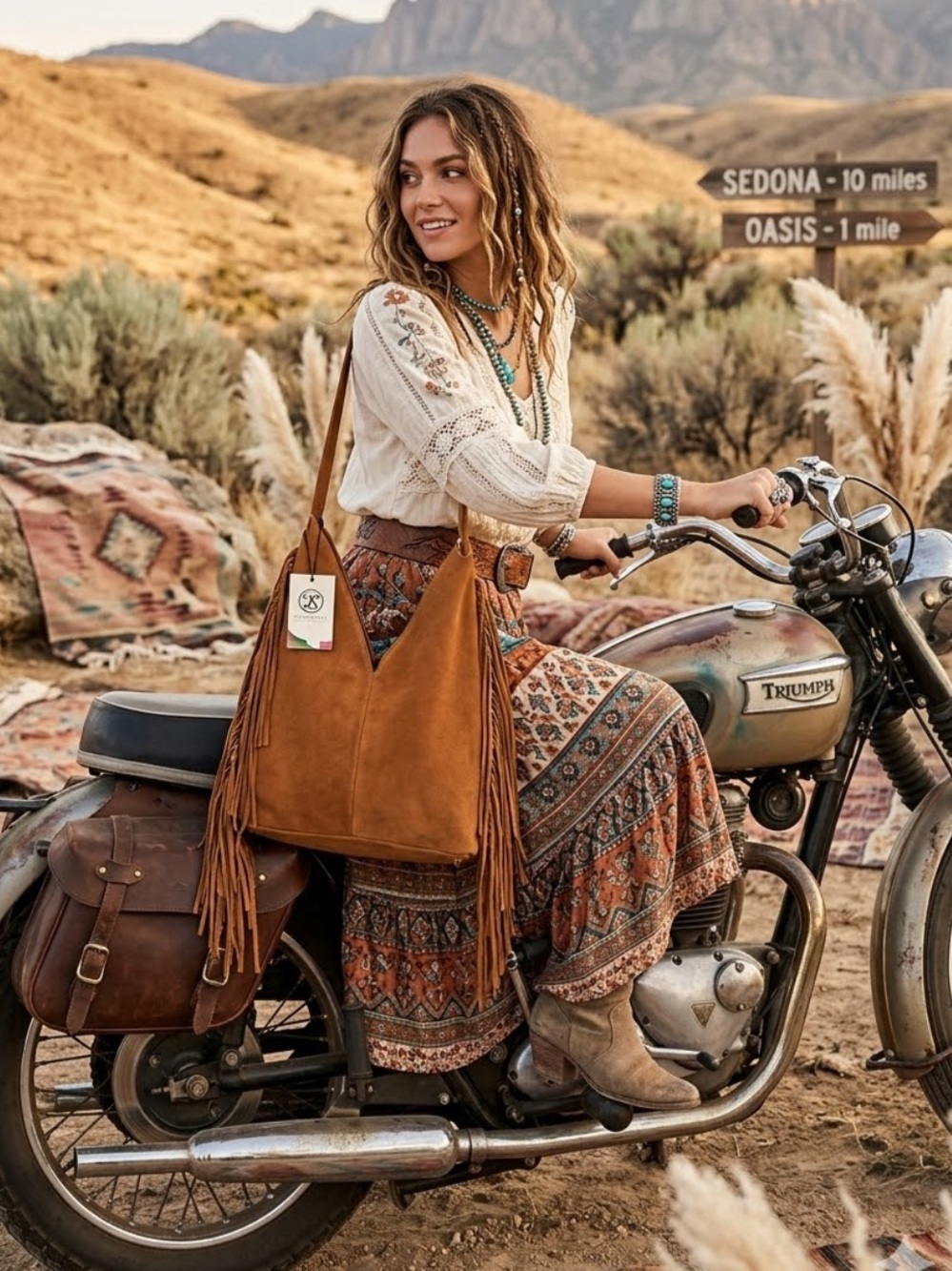 NWT Divina Firenze  Italian Suede Fringe Hobo Bag  boho-western  Tobacco Color